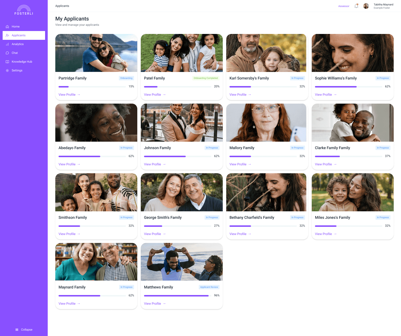 The My Applicants screen in Fosterli: a grid of family cards, each with its stage and progress